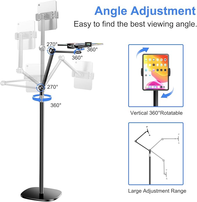 OATSBASF Tablet Floor Stand, Overhead Bed Phone Mount, Height & 360 Degree Angle Adjustable Universal Metal Tablet Holder Compatible with iPad, Samsung Galaxy Tab, iPhone, Kindle, 4.7-12.9" (Black)