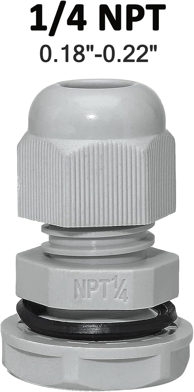 10 Pcs 1/4" NPT Nylon Cable Glands, IP68 Waterproof Adjustable Cord Grip Cable Connector Strain Relief Wire Protectors for 4-6mm Cable Diameter, Grey
