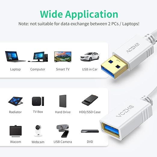 VCZHS Tech USB Extension Cable White 3.3ft, USB 3.0 Extender for High-Speed Data Transfer & Fast Charging, Durable & Flexible for Mouse, Keyboard, Printer, Flash Drive, Webcam, and More