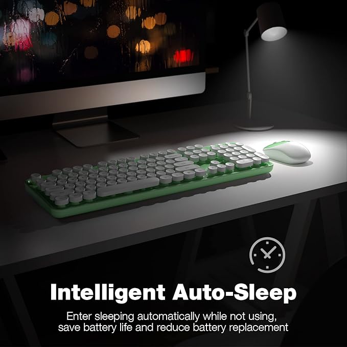 KNOWSQT Wireless Keyboard and Mouse Combo - White-Green Full-Sized 2.4 GHz 104 Keys Typewriter Cute Keyboard, Round Keycap and Optical Mouse for Windows, Computer, PC, Laptop, Desktop