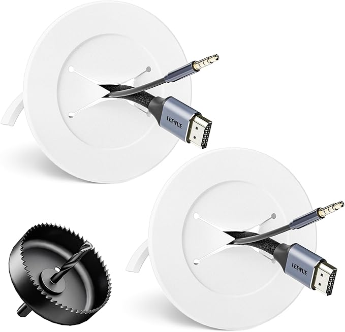 in Wall Cable Management Kit, Slim TV Wire Hider Kit for Wall Mounted TV, 2 Pcs Pass Through with Hole Saw for Network, HDMI, Speaker Cables, Coaxial, White