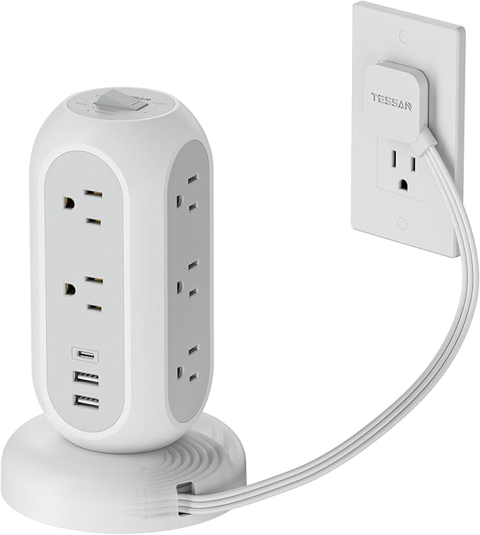 Surge Protector Power Strip Tower, TESSAN 5 FT Retractable Extension Cord with Multiple Outlets, 11 Outlets with 3 USB (1 USB C) Charging Station, 1050J, Office Desk Supplies, Dorm Essentials