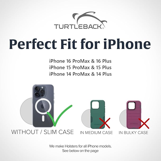 Turtleback Belt Holder for iPhone 16 Pro Max, 15 Pro Max, 14 Pro Max -Small- Fits w/Slim MagSafe Style Cases, Premium Black Leather Horiz. Belt Holster, Magnetic Closure, Leather Wrapped Clip