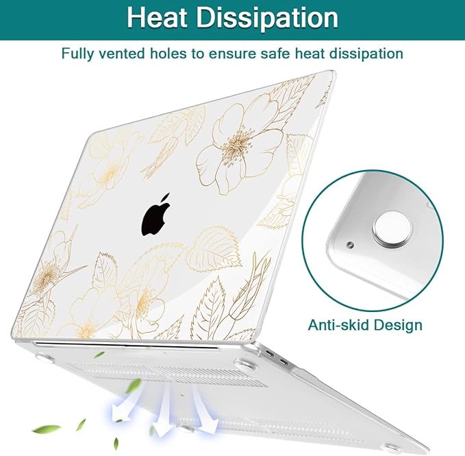Teryeefi Compatible with 2018 2019 2020 MacBook Air 13 inch Case M1 Chip A2337 A2179 A1932 Retina Display Touch ID, Plastic Hard Shell & Keyboard Cover & Screen Protector,Gold Floral Leaf