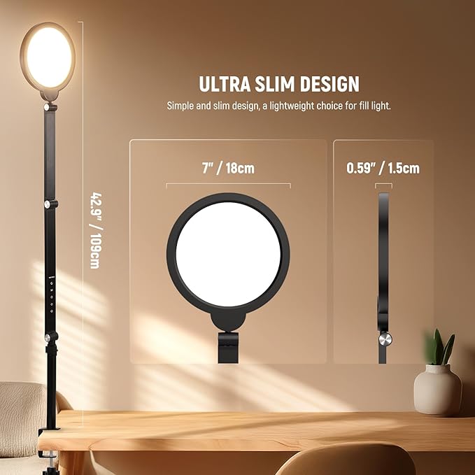NEEWER Basics 18W 7" Desk Ring Light with Stand, Lighting for Video Conference Streaming Recording Makeup Phone Selfie Computer Laptop Zoom, Full Screen LED Circle Ringlight with Arm & C Clamp, R18