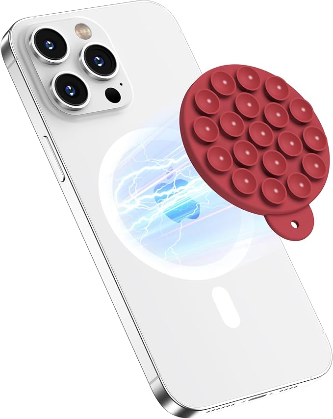 HSAOHD Magnetic Suction Cup Phone Mount, Compatible with MagSafe, Silicone Octo Cup Buddy Sticky Grip Holder for iPhone and Android, Removable Hands-Free Phone Stand Selfie/Video for TikTok, Red