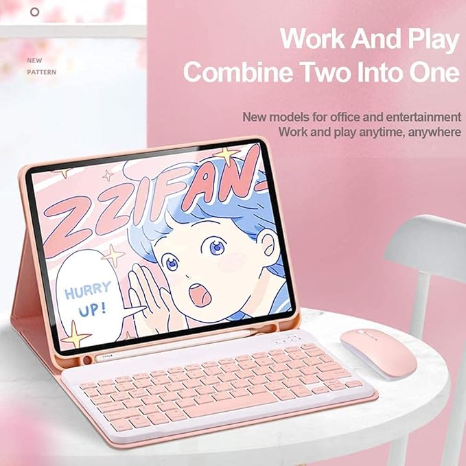 AnMengXinLing Lovely Keyboard Case for iPad 9th/8th/7th Generation with Mouse,Case for iPad9 iPad8 iPad7 10.2 inch with Pencil Holder and Deatachable Keyboard Mouse, Pink