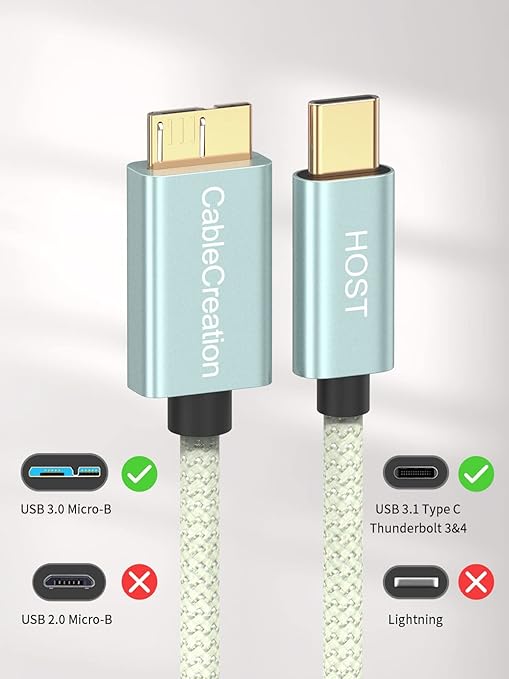 CableCreation 1FT USB C to Micro B Cable,10Gbps Speed External Hard Drive Braided,USB 3.1 Type C to Micro B Work for iPhone 15 Series,Seagate WD Westgate My Passport,MacBook Pro/Air, iPad/Tablet,Green