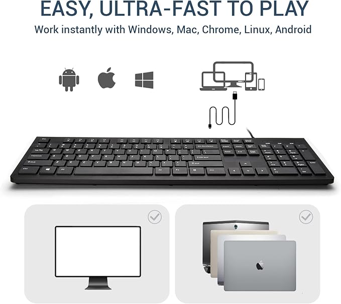 Computer Keyboard Wired, Plug Play USB Keyboard, Low Profile Chiclet Keys, Large Number Pad, Caps Indicators, Foldable Stands, Spill-Resistant, Anti-Wear Letters for PC Laptop (Black, 2-Pack)