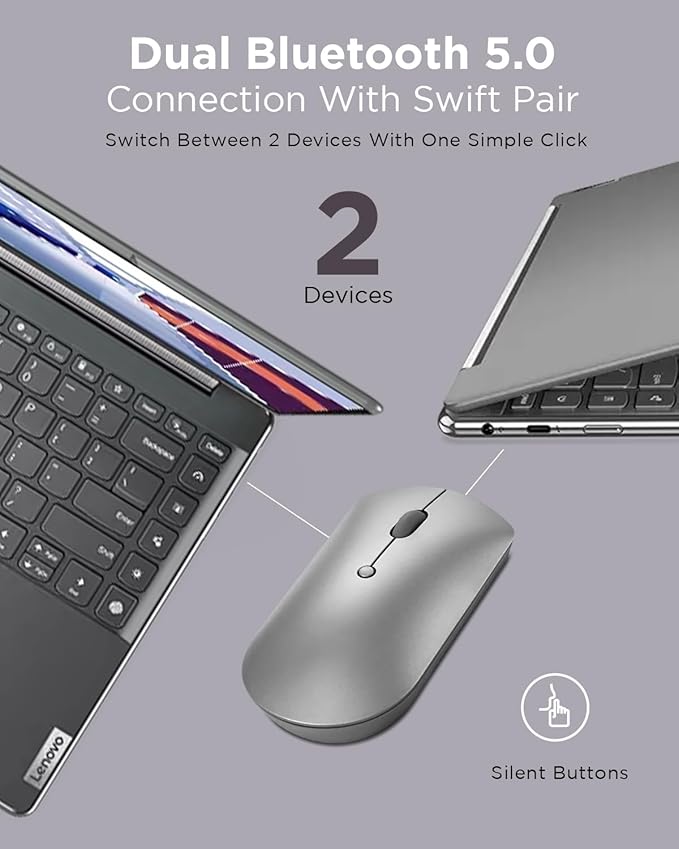 Lenovo 600 Bluetooth Silent Mouse, Blue Optical Sensor, Adjustable DPI, 4 Button, Microsoft Swift Pair, Windows, Chrome, GY50X88832, Gray & Laptop Bag T210, Messenger Shoulder Bag for Laptop or Tablet