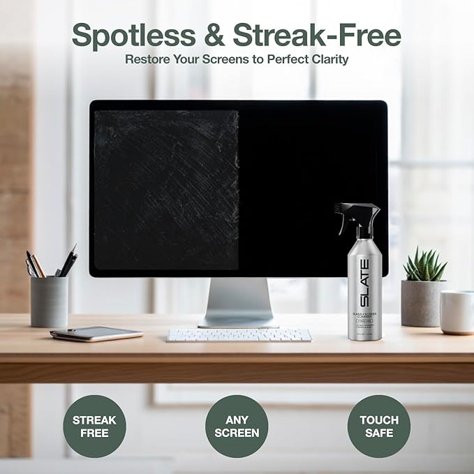 Slate Screen Cleaner Spray and Microfiber Cloth - Streak Free - Cleans Laptop, Computer, Tablet, Phone, TV, and Car Screens, Biodegradable Plant-Based Formula, Touch Safe, 16oz