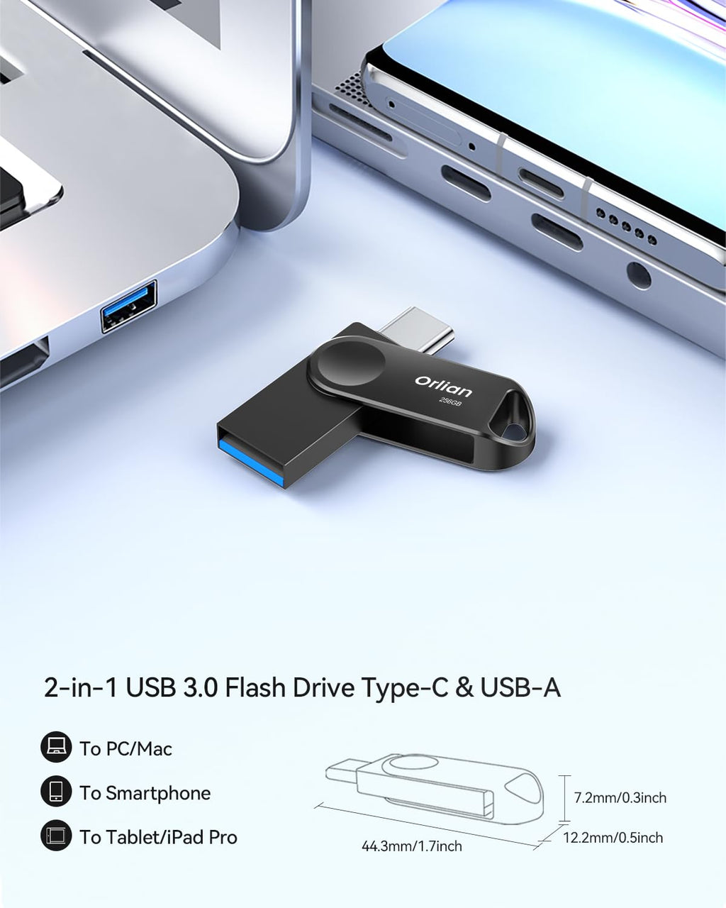Orlian 256GB USB C Flash Drive for Phone, up to 110MB/s Dual USB 3.0 Phone Thumb Drive Type-C & USB-A, Metal Waterproof Swivel Memory Stick for iPhone 15/16/17, Android, Tablet, Computer PC