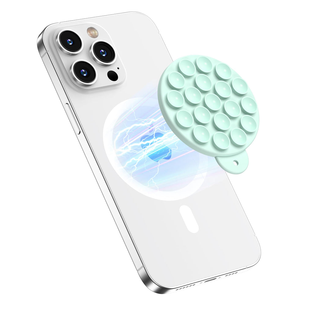 HSAOHD Magnetic Suction Cup Phone Mount, Compatible with MagSafe, Silicone Octo Cup Buddy Sticky Grip Holder for iPhone and Android, Removable Hands-Free Selfie/Video for TikTok, Mint Green