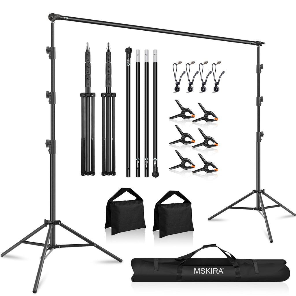 10.2x10Ft Heavy Duty Backdrop Stand, MSKIRA Adjustable Backdrop Support System Kit, Photoshoot Background Stand for Parties, Advertising Display with 6 Clamps, 4 Clips, 2 Sandbags, Carry Bag