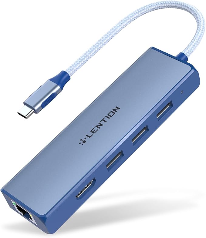 LENTION USB C Hub with Gigabit Ethernet Adapter, 4K HDMI, 3 USB 3.0 for 2023-2016 MacBook Pro 13/14/15/16, New Mac Air & Surface, Chromebook, More, Stable Driver Certified (CB-C25, Blue)