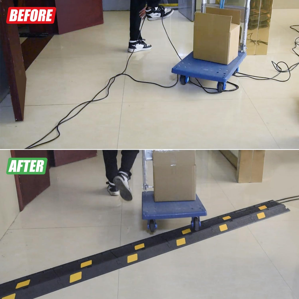OranLite 6 Pack 2-Channel Rubber Cable Protector Ramp, 17" x 10" x 1.8" inch Interlocking Floor Wire Cord Cable Cover, Visible at Night, Durable Rubber Speed Bump Hump Ramp (2-Channel 6 Pack)