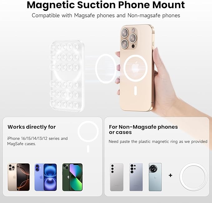 Patented Magnetic Sticky Phone Suction Grip Mount for MagSafe Case,Magnet Silicone Portable Stand Holder for iPhone 16/15/14/13/12 Series and Android, Hands-Free Selfies and Videos,Transparent