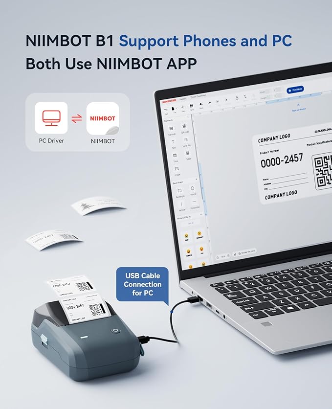 NIIMBOT B1 Label Maker Machine with Tape, Label Printer with 3 Rolls Label Paper, 50x30mm/50x80mm White Paper/50x50 Round Label for Office Supplies, Home, Business