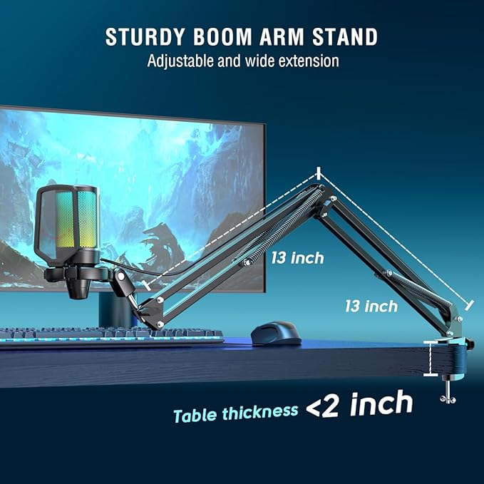 FIFINE USB Gaming Streaming Recording PC Microphone Kit, RGB Condenser Computer Mic Bundle for Podcasts, Audio, Vocal, Video on Mac/Desktop/Laptop, with Boom Arm Stand-A6T Blue
