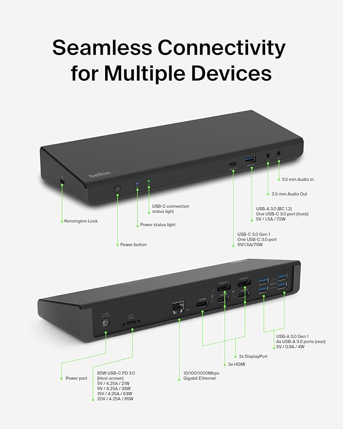 Belkin 15-in-1 Universal Triple Display DisplayLink Docking Station Hub w/ 3 HDMI Ports, 2 DisplayPorts for Triple 4K Display w/ 85W PD, Gigabit Ethernet, 3.5mm Mic/Speaker, 1 USB-C, & 5 USB-A Ports