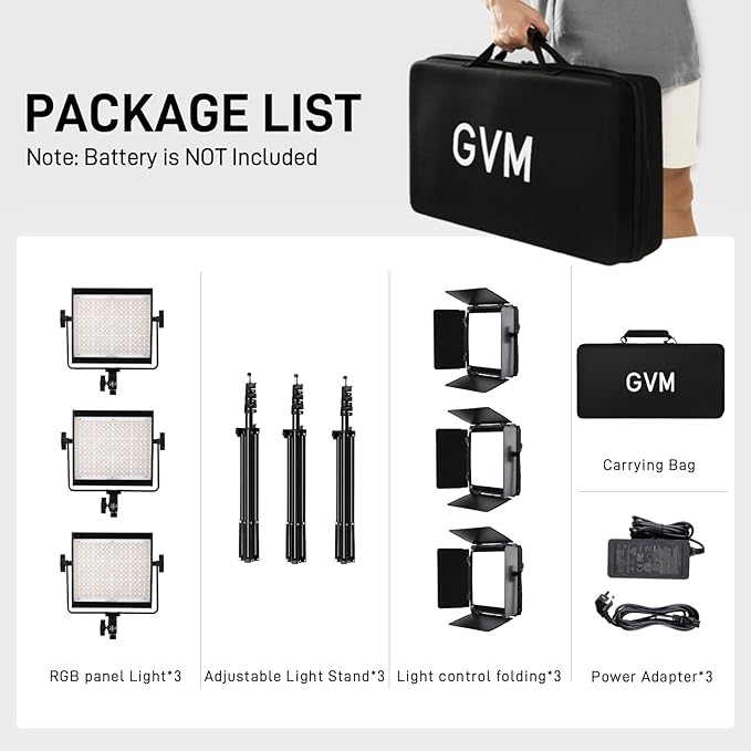GVM 800D RGB LED Video Light, 2026 Upgraded Panel Light with Optical Lens & 6X Brighter (19500 Lux/0.5m), 3200K-5600K Bi-Color, 20 Scene Modes & CRI97+, Studio Lights, Photography Lighting, 3-Packs