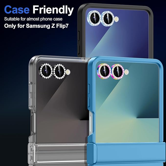 for Samsung Galaxy Z Flip 7 Camera Lens Protector, Individual Metal Ring Tempered Glass Lens Cover, [Strong Adsorption] Scratch Resistant Ultra-Thin HD Clear Lens Cover, 1 Set-Black Diamond
