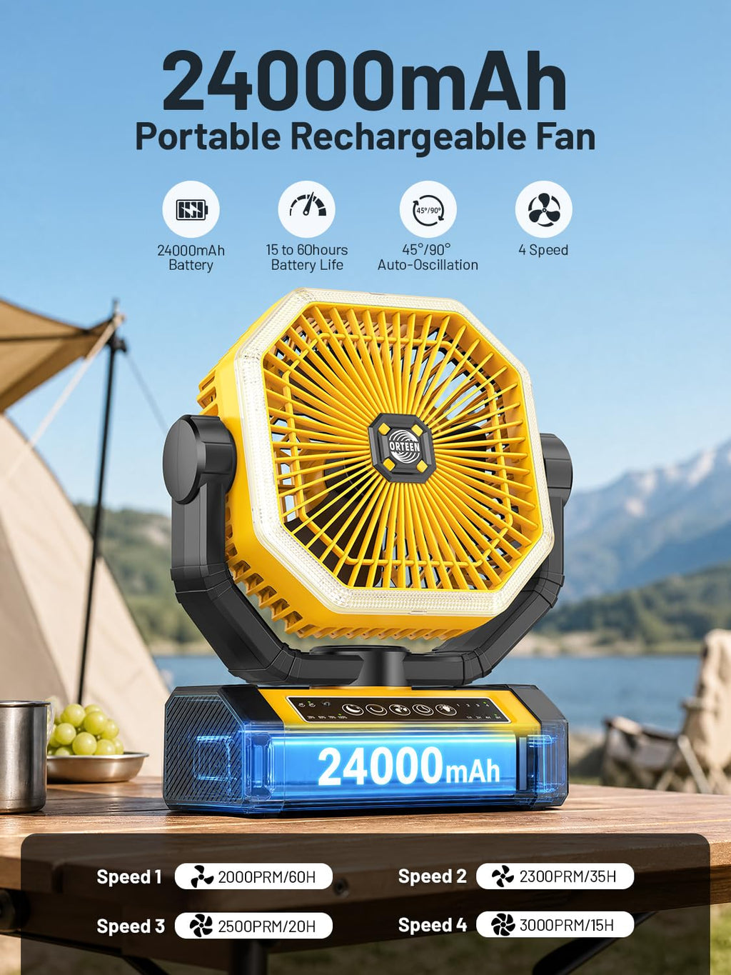 Battery Powered Fan - 9-Inch Rechargeable Fan Portable, 24000mAh(60Hrs) Camping Fans for Tent, Auto Oscillation Cordless, Tent Fans for Camping with Remote/light, 4 Speeds, 4 Timing, Outdoor, Yellow
