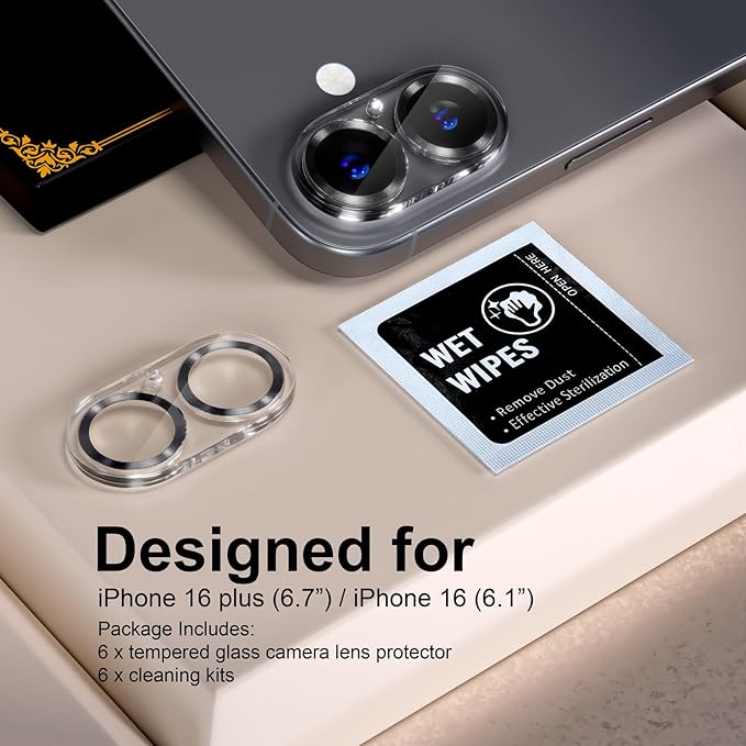 beuxece for 6 Pack iPhone 16 / iPhone 16 Plus Camera Lens Protector [Drop Protection] [Case Friendly] [Easy Installation] 9H Tempered Glass Camera Screen Protector Cover Accessories, CD Black