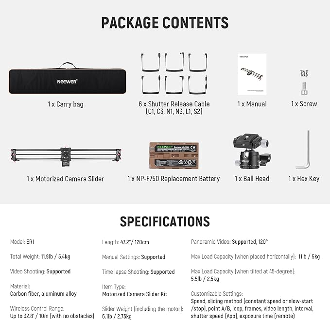 NEEWER 47.2"/120cm Motorized Camera Slider, App Wireless Control DSLR Carbon Fiber Dolly Rail Slider with 4400mAh F750 Battery (Charger Not Included), Support Video Mode, Time Lapse Photography, ER1
