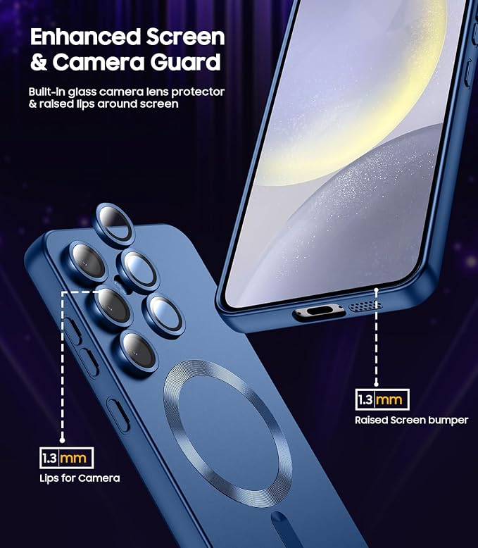 Magnetic for Samsung Galaxy S24 Case [Compatible with MagSafe][Built-in Camera Lens Protector] Slim Soft Silicone Bumper Shockproof Metallic Luster Phone Case (Blue)