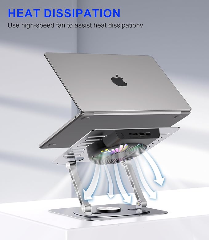 Laptop Stand,with 360°Rotating Base,External Cooling Fan,Adjustable RGB Lighting,Ergonomic Foldable Notebook Computer Holder.Compatible with All 10-17" Laptops Tablets,Silver