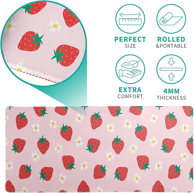 Gaming Mouse Pad Strawberry Desk Mat for Desktop Long Computer Keyboard Desk Pad Mouse Mat with Non-Slip Rubber Base Stitched Edges for Computer Home Office Gaming 31.5×11.8