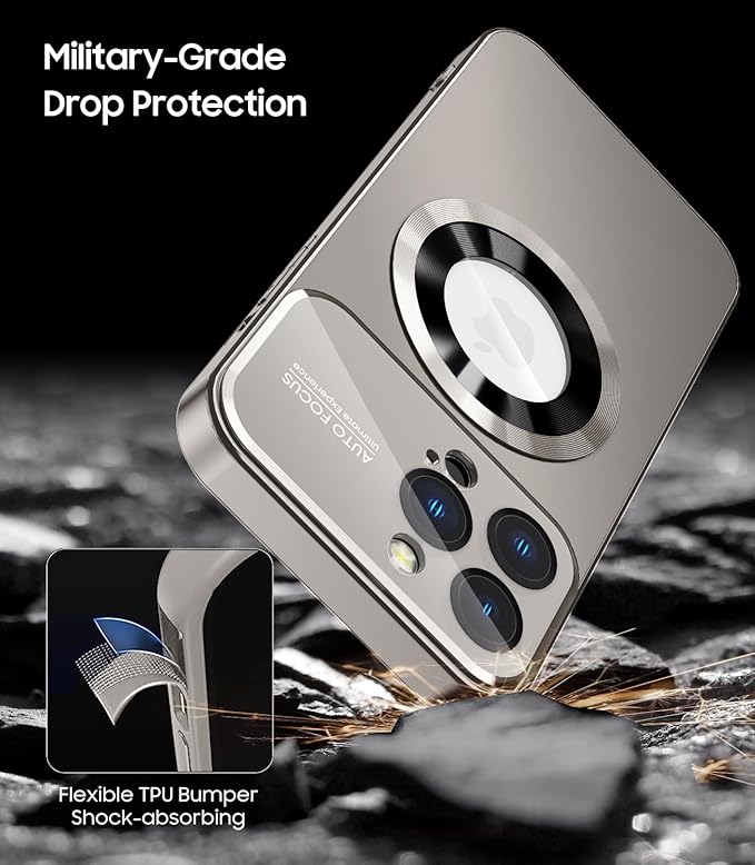 Magnetic for iPhone 12 Pro Case, Compatible with MagSafe, Built-in Camera Lens Protector, Logo View, Military Grade Drop Proof Phone Case Cover, Titanium Gray