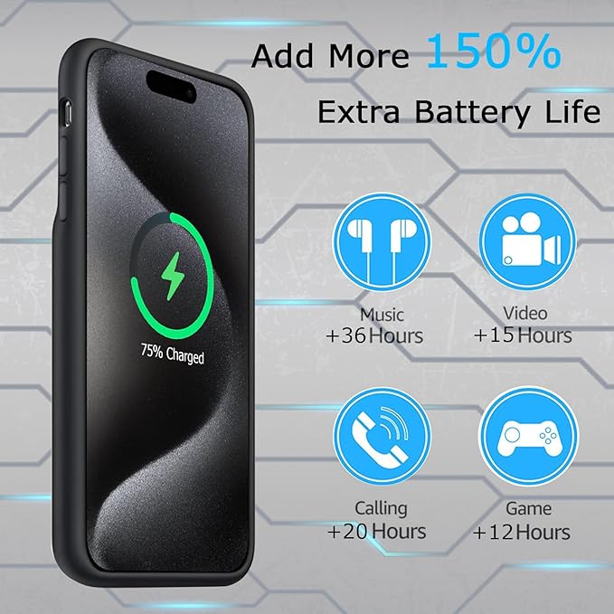 Battery Case for iPhone 15 Pro Max, Full Encircle 12000mAh Capacity Rechargeable Portable Charger Case Extended Battery Pack for iPhone 15 Pro Max(6.7 inch) Wireless Charging Case with Carplay-Black