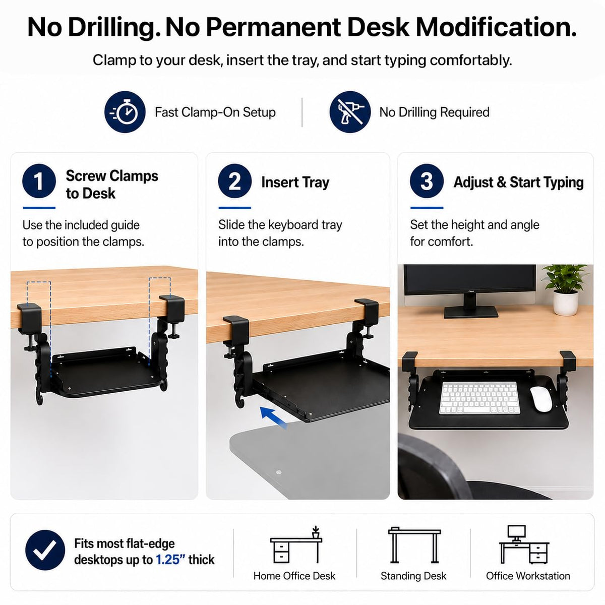 Uncaged Ergonomics Keyboard Tray Under Desk Slide Out Clamp On (Black)