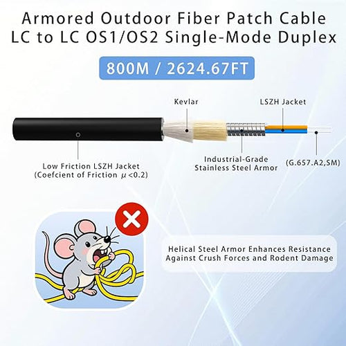 800M/2625FT LC to LC Armored Outdoor Fiber Optic Cable, Single Mode Duplex 9/125μm SMF Fiber Patch Cord, OS1/OS2 Compatible, Black LSZH Jacket, Uniboot Jumper for FTTH, Data Center, Long-Distance Use