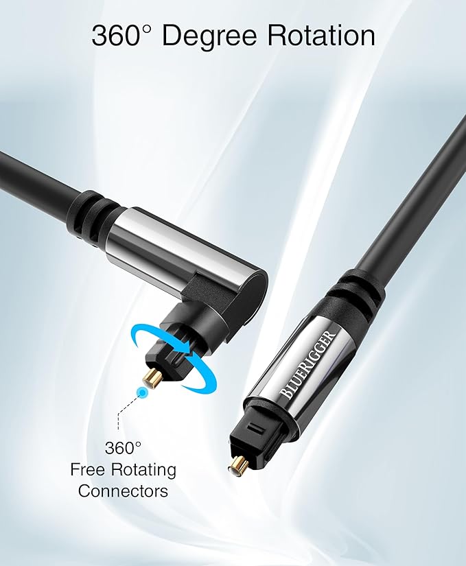 BlueRigger Optical Audio Toslink Cable - 10FT (90 Degrees Optical Cable for Soundbar, 360 Degree Rotatable Right Angle, S/PDIF Digital Toslink) - Fiber Optic Compatible with HDTV, Game Console, DVR