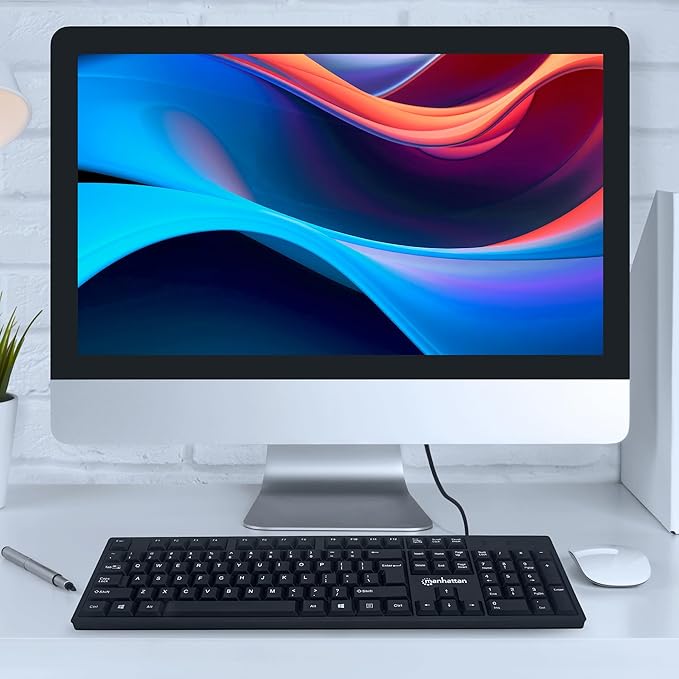 Manhattan Wired Computer Keyboard – Basic Black Keyboard - with 4.5ft USB-A Cable, 104-keys, Foldable Stands - Compatible for Windows, PC, Laptop - 3 Yr Mfg Warranty – 179324