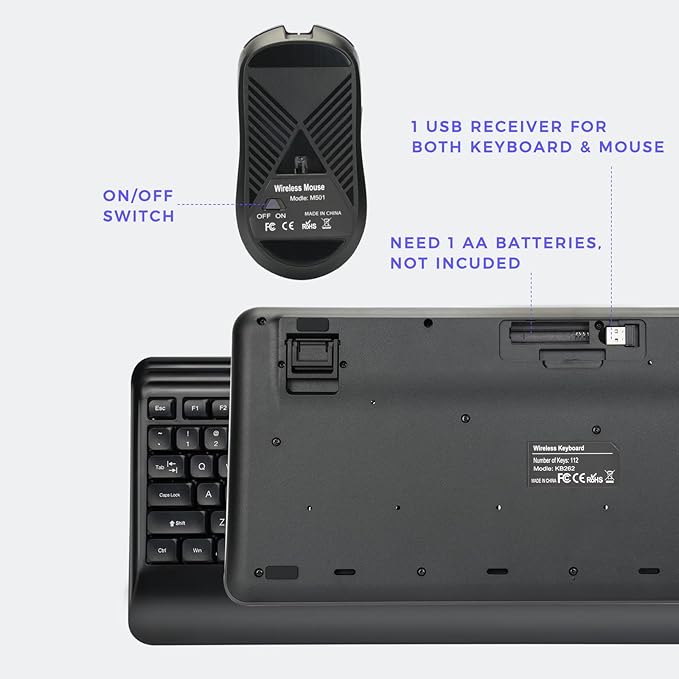 Wireless Keyboard and Mouse Set with Quiet Keys, 2.4G Full Size Ergonomic Keyboard with Wrist Rest, Protective Covers, Soft Touch Silent Design for Windows, Computer, PC and Laptop
