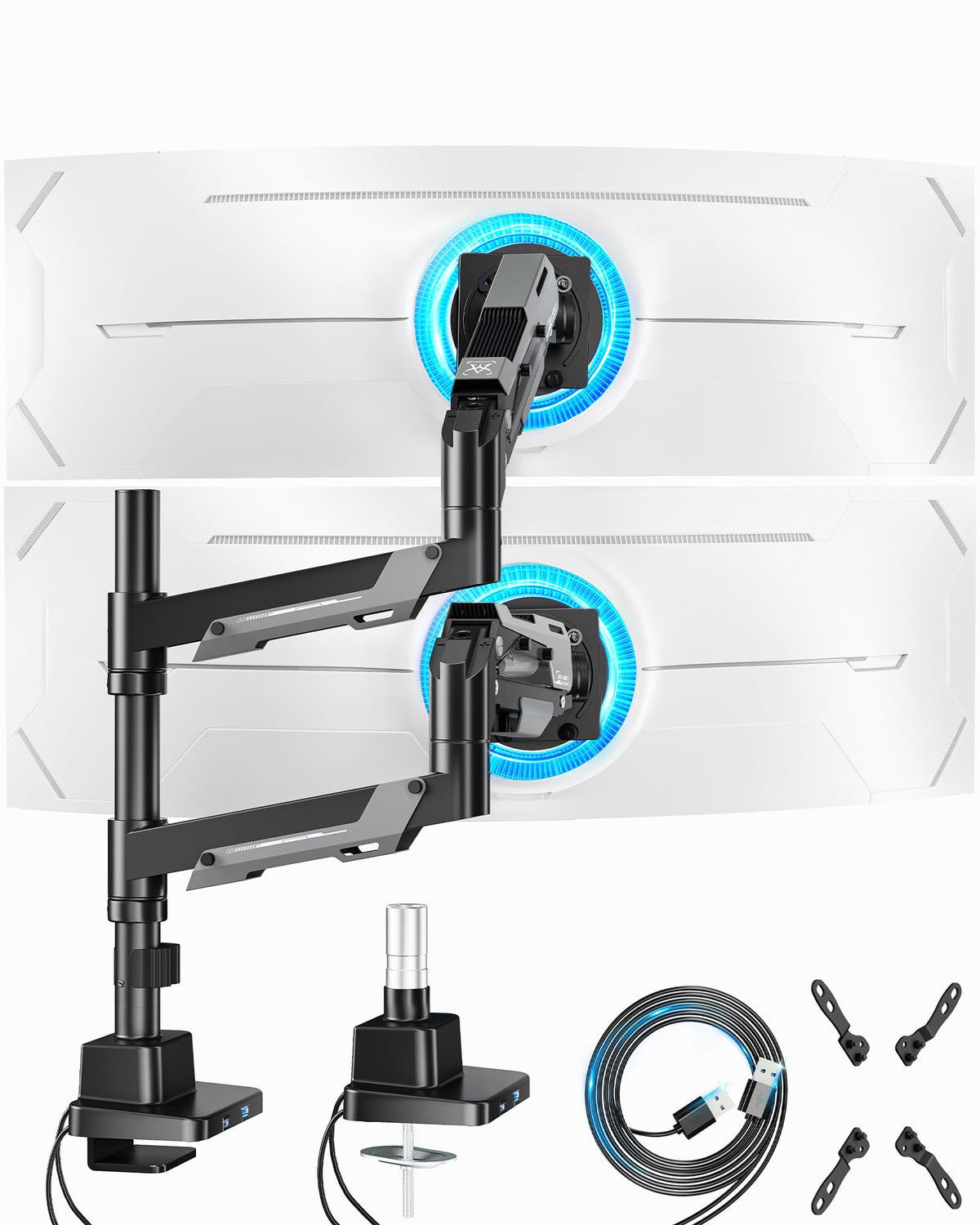 ARES WING Heavy Duty Dual Monitor Mount with USB for 24-57 Inch, Black