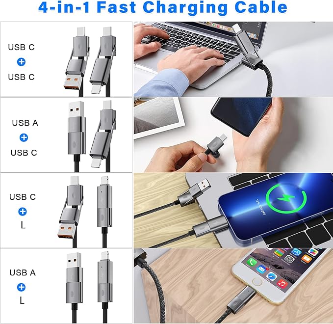 2Pack 4 in 1 USB C Cable Fast Charging PD 65W 27W Multi Charger Cord with Type C/USB A/L Port, 3FT Round Braided Dual USB-C Cable for iPhone 16 15 14 Pro Max/Samsung/i-Pad/MacBook