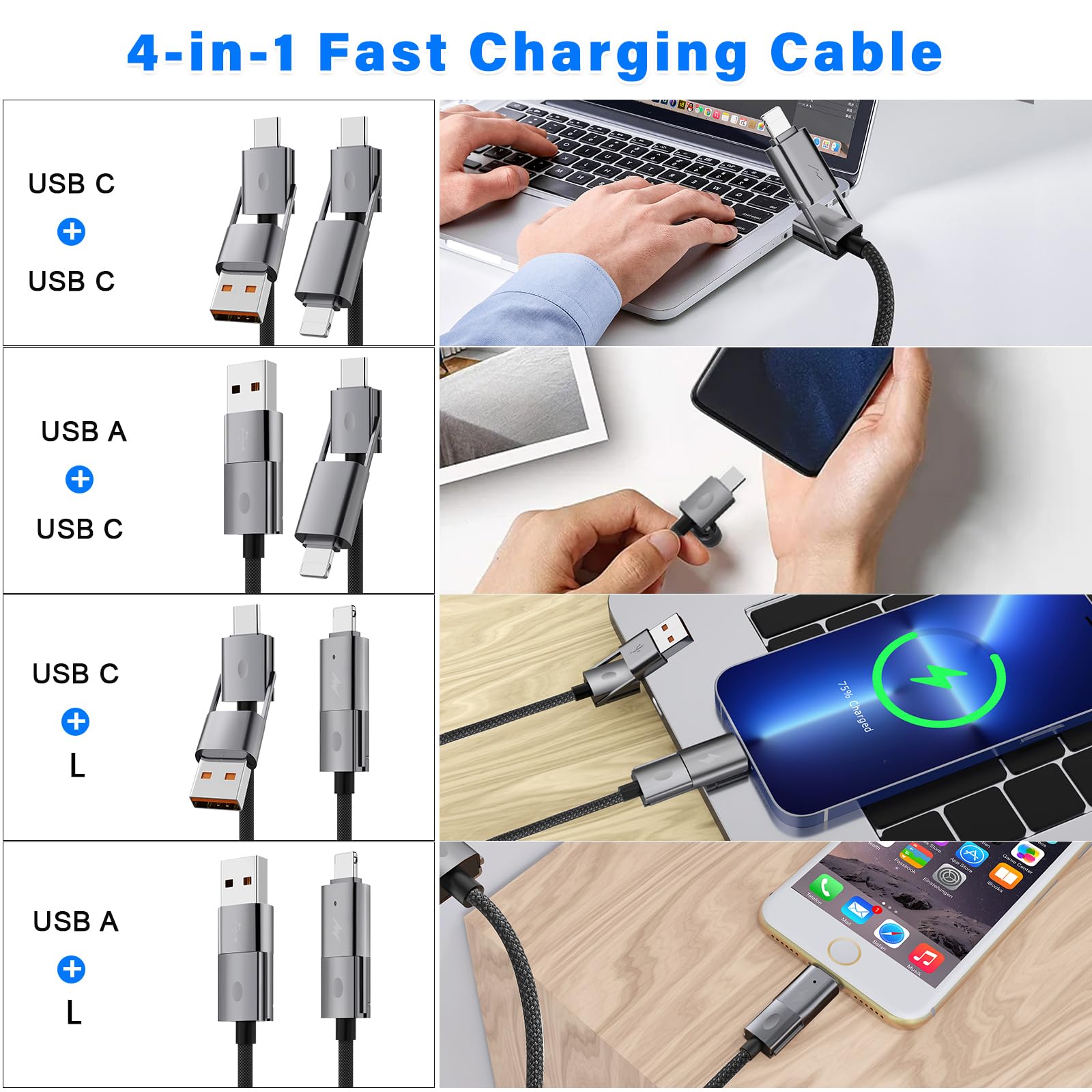 2Pack 4 in 1 USB C Cable Fast Charging PD 65W 27W Multi Charger Cord with Type C/USB A/L Port, 3FT Round Braided Dual USB-C Cable for iPhone 16 15 14 Pro Max/Samsung/i-Pad/MacBook