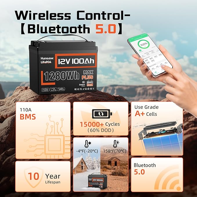 12V 100Ah LiFePO4 Lithium Battery MAX Bluetooth 5.0 IP67, Built-in 110A BMS 15000+ Deep Cycles 1280Wh Lithium Battery, for RVs Marine