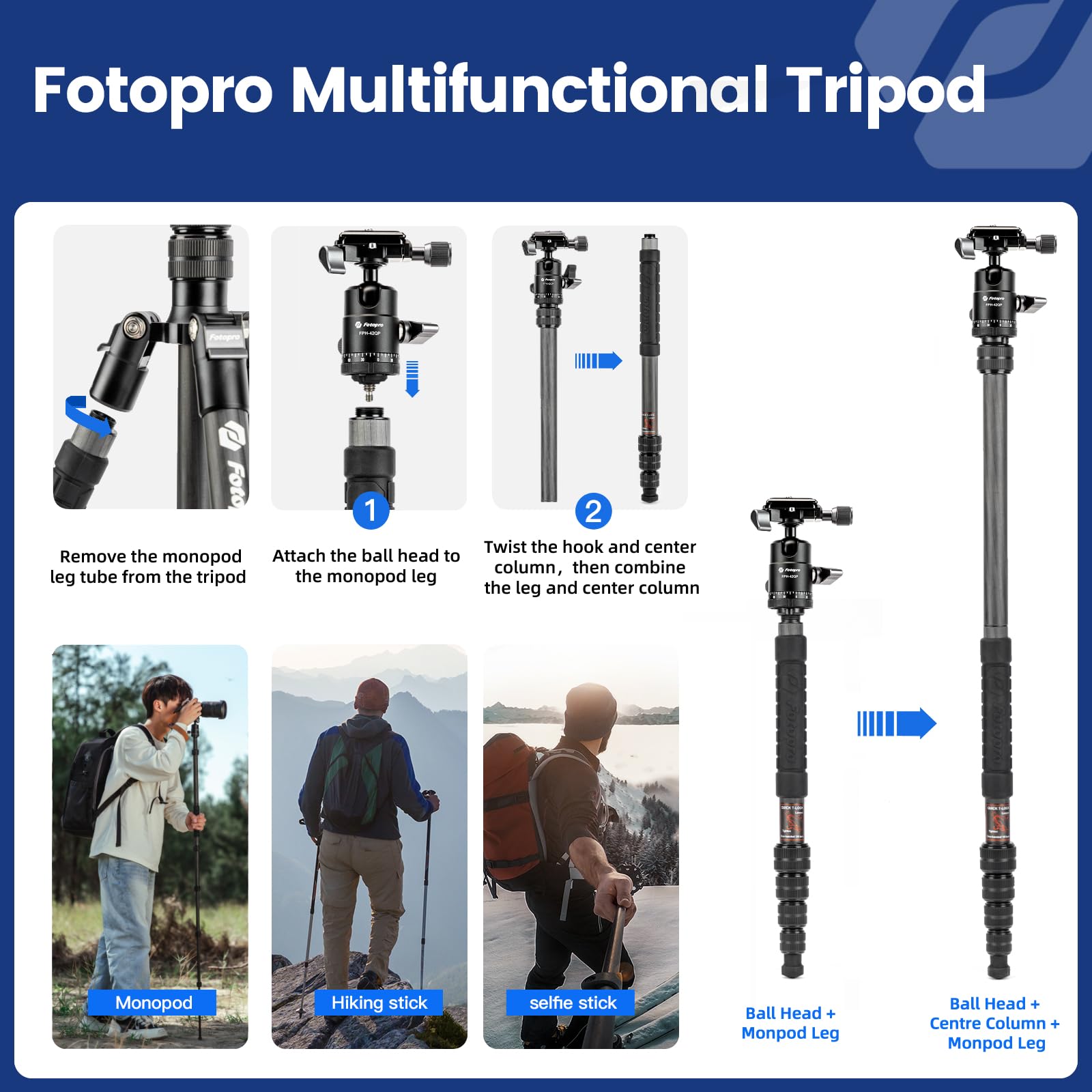 Fotopro 62" Carbon Fiber Travel Tripod, Lightweight Compact Camera Tripod with Ball Head and Arca-Swiss Quick Release Plate, Detachable Monopod, Carry Bag, Load up to 8KG/17.63lbs, Weighs only 2lbs.