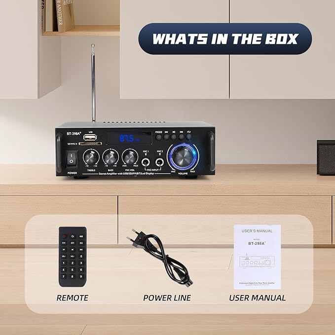 Stereo Audio Amplifier, 300W Home 2 Channel Wireless Bluetooth 5.0 Power Amplifier System, Home Amplifiers FM Radio, USB, SD Card, with Remote Control Home Theater Audio Stereo System