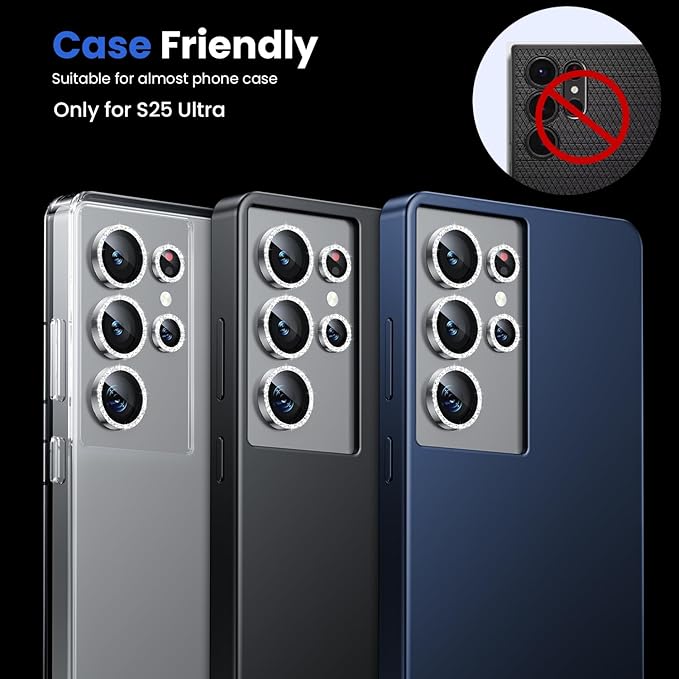 WSKEN for Samsung Galaxy S25 Ultra Camera Lens Protector - Ultra Thin Case Friendly, 9H Shatterproof Tempered Glass with Aluminum Metal Circle Camera Screen Protector Cover Accessories, Glitter