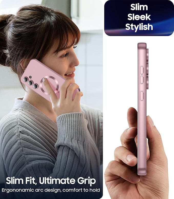 Magnetic for Samsung Galaxy S24 Case [Compatible with MagSafe][Built-in Camera Lens Protector] Slim Soft Silicone Bumper Shockproof Metallic Luster Phone Case (Rose Gold)