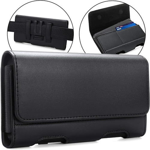 BECPLT Leather Holster Pouch with ID Card Holder, Belt Clip Case for iPhone 13 Mini, 12 Mini, 7, 6s, 6, Galaxy S10e (Fit with Thin Case on)
