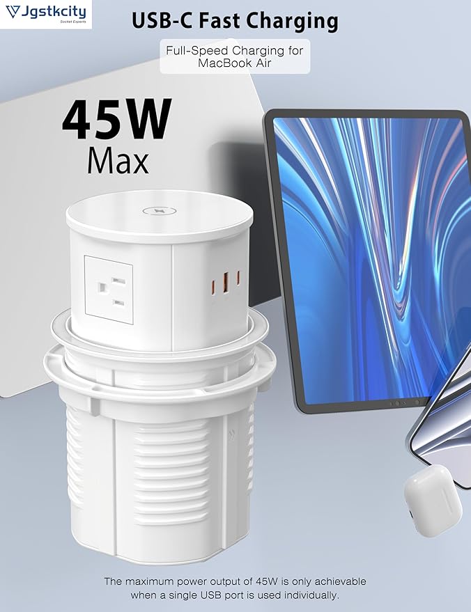 Pop up Outlet for Countertop with Wireless Charger,45W USB C Port, 4.7'' Diameter Round Pop Up Counter Outlet with AC Outlets,USB Ports,Hidden Outlet,Pop Out Outlet