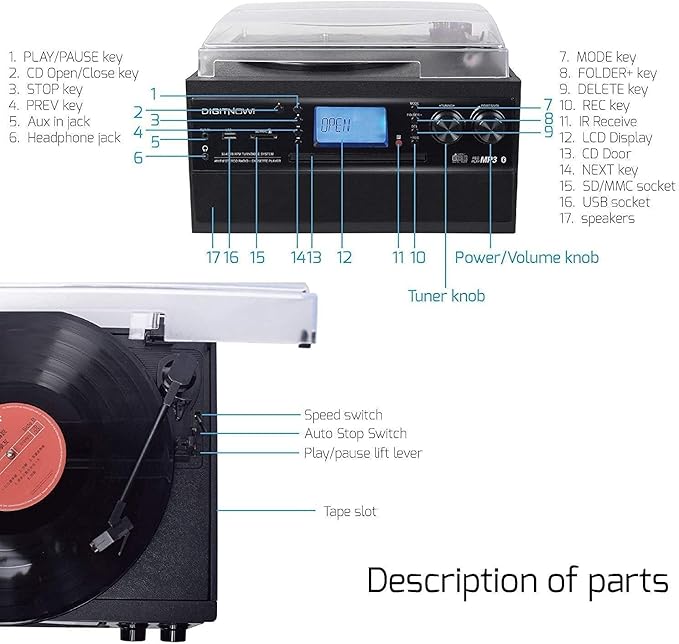 DIGITNOW Bluetooth Record Player Turntable with Stereo Speaker, LP Vinyl to MP3 Converter with CD, Cassette, Radio, Aux in and USB/SD Encoding, Remote Control, Audio Music Player Built in Amplifier